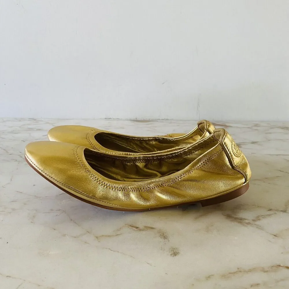 TORY BURCH Solid Metallic Gold Leather Bendable Ballerina Flats - US 6.5 - Picture 4 of 8